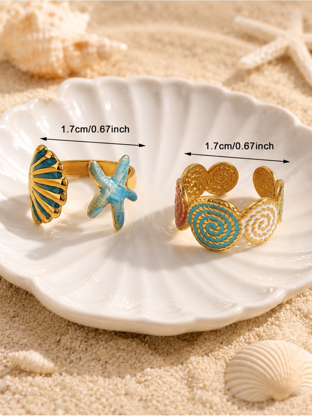 Gold Turquoise Shell & Starfish Adjustable Rings - Picture 5 of 5